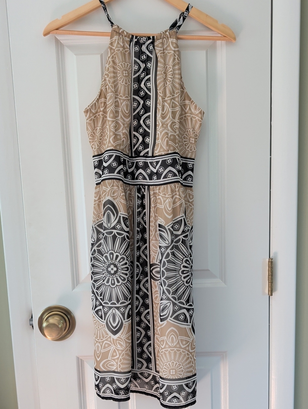 London Times Beige and Black Halter Midi Dress